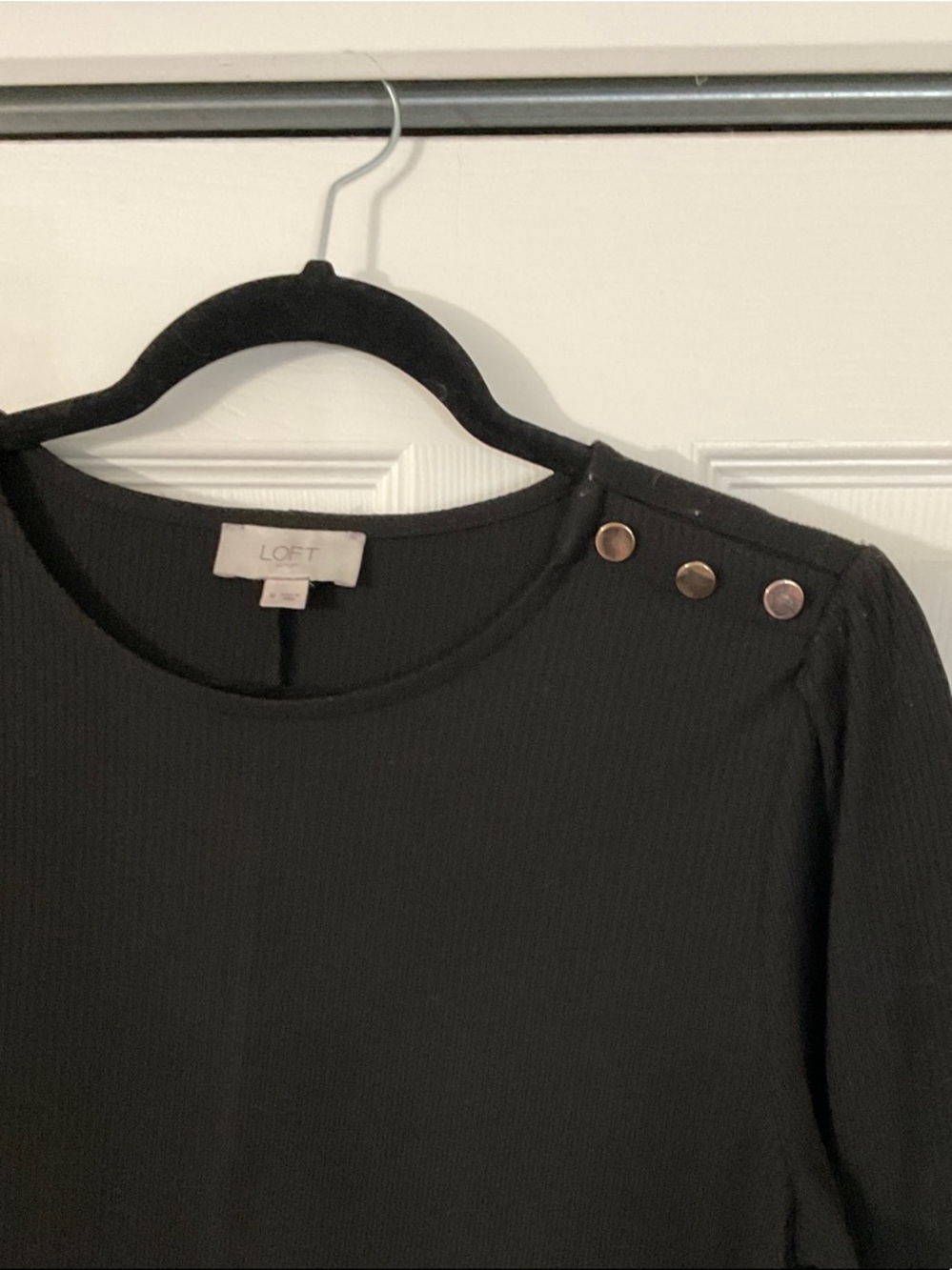LOFT Black Long-Sleeve Shift Dress with Shoulder Buttons - Picture 3 of 4